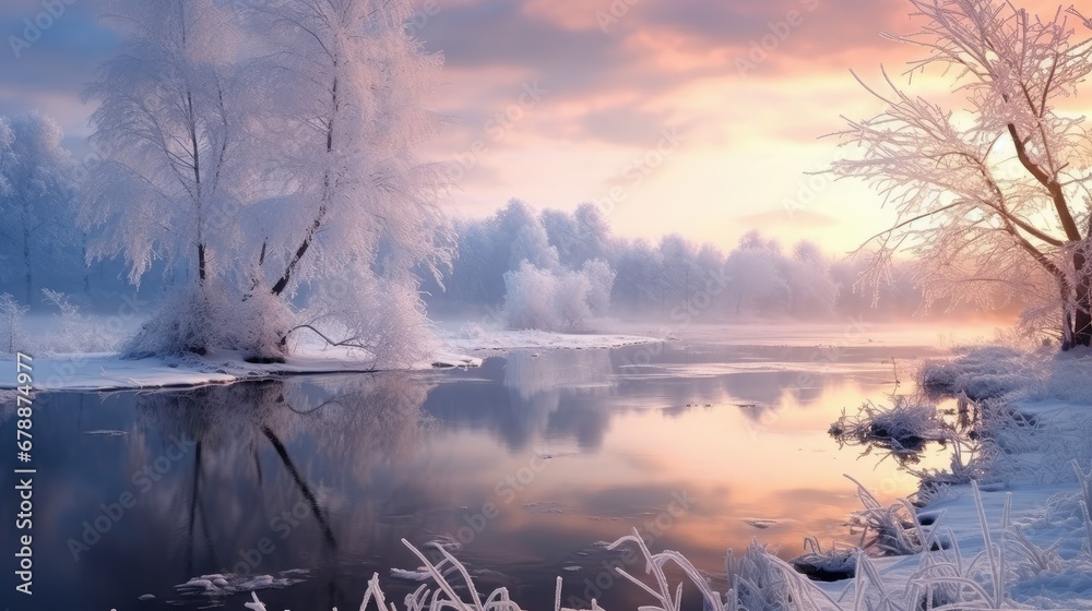 Frozen river or lake. Winter morning sunrise background. Beautiful winter panorama with fresh powder white snow 
