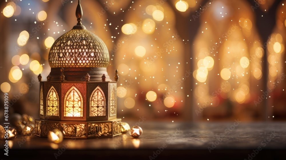 Original traditional ornate oriental lantern with beautiful bokeh of holiday lights in the background
