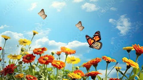 Natural landscape with many orange lantana flowers and fluttering butterflies Lycaena phlaeas against blue sky on sunny day photo