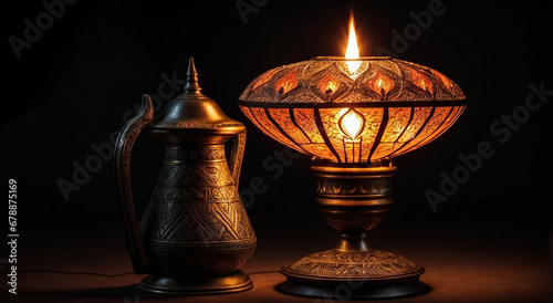 Ancient magical lamp in isolated black background with its magic - AI Generative