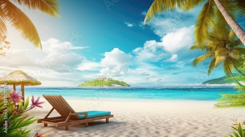 Perfect beach view. Summer holiday and vacation design. Inspirational tropical beach, palm trees and white sand