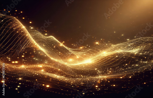 Electronic Gold Particles Abstract wave and light background with sparkling floor star dust particle. contemporary glitter opulent golden sparkles. Copy space for text, advertising, message,