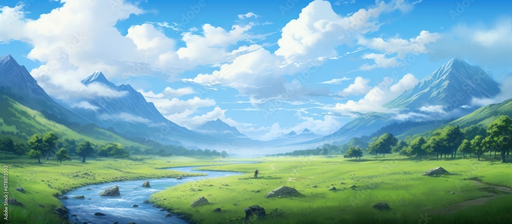 In the serene landscape lush green trees and grass blend harmoniously with the towering mountains as the sky painted in shades of blue hosts fluffy clouds on a sunny summer day creating a br