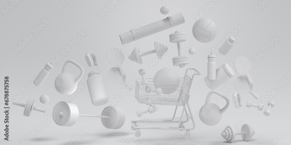 Sport equipment for fitness, gym in shopping cart on monochrome background