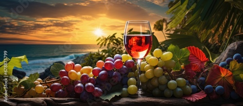 In the isolated tranquility of a tropical background a vines lush green leaves set against a sea of vibrant colors epitomize the health and vibrancy of nature as a glass of white wine reflec photo