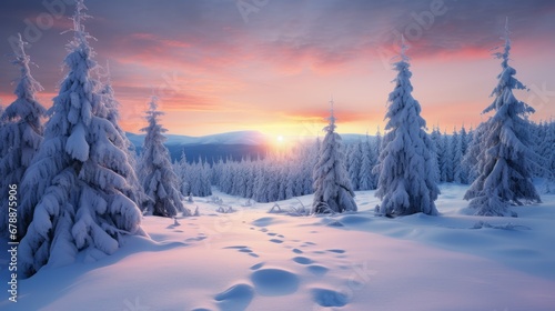 Winter landscape wallpaper with pine forest covered with snow and scenic sky at sunset