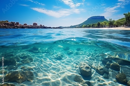 Underwater and overwater view of vibrant sea life on a sunny summer day with sandy beach