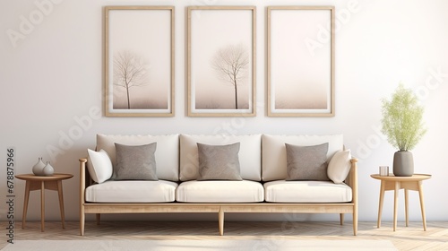 Beige Sofa Near White Wall with Three Mock Up Posters
