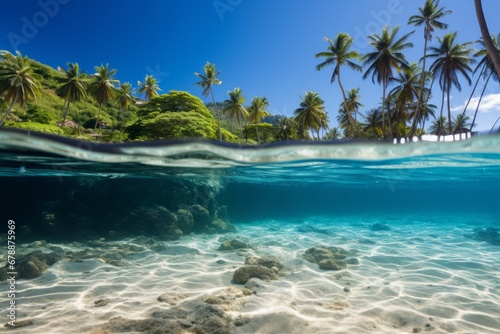 Vibrant underwater and overwater views sea life, beach, and sky on a sunny summer day.