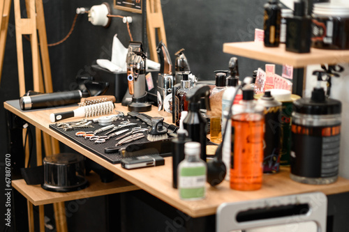 Barbers tools for mens haircuts laid out on a table