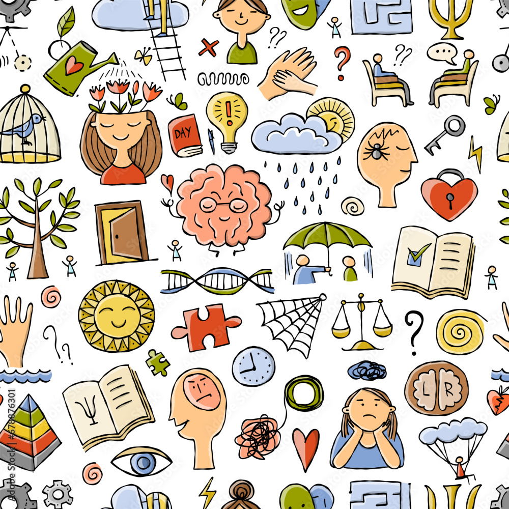 Psychology and emotions, working with the brain, positive thinking. Seamless pattern background for your design Psychology and emotions, working with the brain, positive thinking. Seamless pattern background for your design