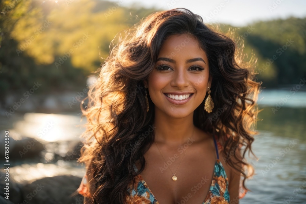 Joyful 20s girl embraces the outdoors near a river. Brown curls, swimsuit elegance, and a sunlit glow. A picture of carefree happiness. AIGenerated. Joyful 20s girl embraces the outdoors near a river. Brown curls, swimsuit elegance, and a sunlit glow. A picture of carefree happiness. AIGenerated.