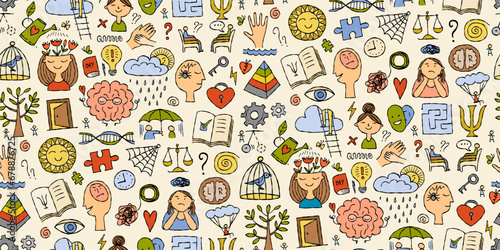Psychology and emotions, working with the brain, positive thinking. Seamless pattern background for your design