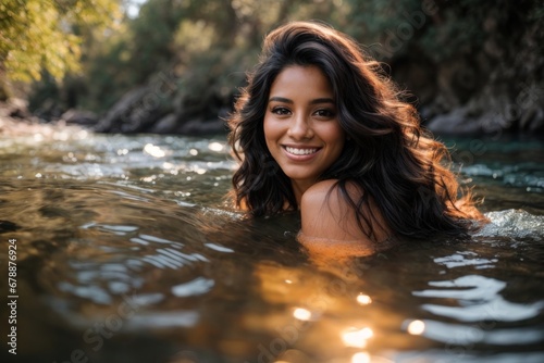 Radiant young woman by the river, donning a swimsuit, curly brown hair, and an infectious smile. Nature's beauty in every detail. AIGenerated.