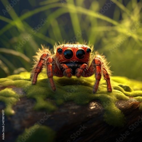 A cute red spider with black eyes sitting on a log. Generative AI. © Natalia