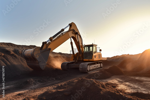 Excavator on earthmoving at open pit mining on sunset. Backhoe digs sand and gravel in quarry. Heavy construction equipment on excavation at construction site. Mining Excavator in open-pit. Open cast photo