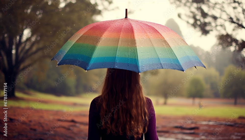 Young woman holding a colorful rainbow umbrella standing in the rain with ample copy space