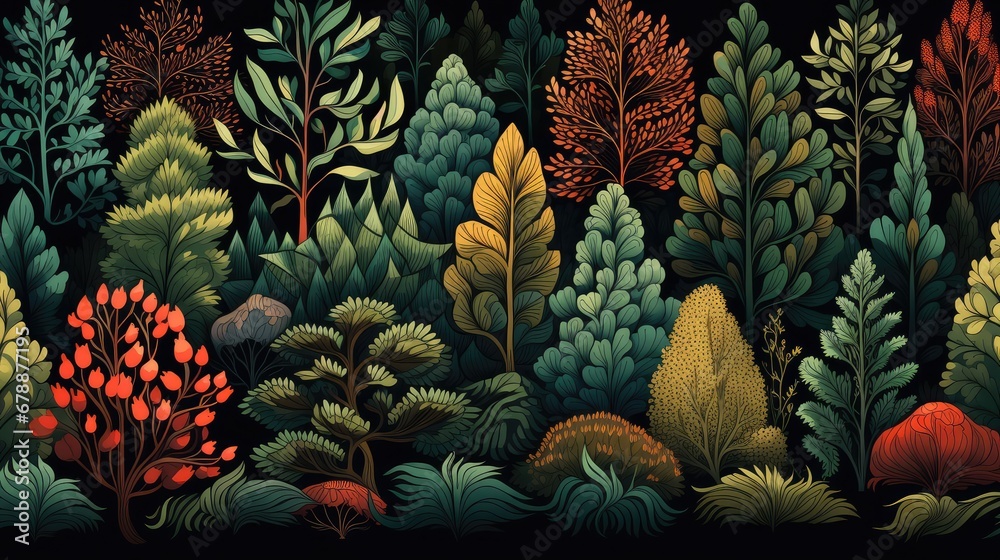 Fototapeta premium Forest wallpaper with trees in autumn colors