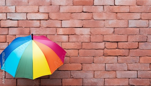 Stylish woman with rainbow umbrella in the rain, copy space available for your text or message