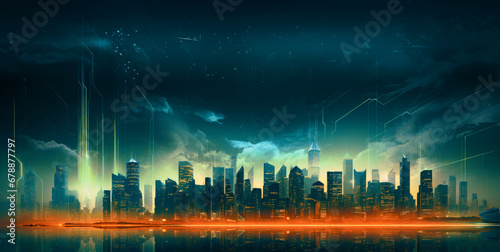 Abstract futuristic night city, Concept for IOT, smart city, speed connection and taintless advanced communication network. photo