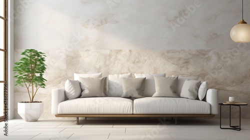Cozy White Sofa Against Marble Stone Wall