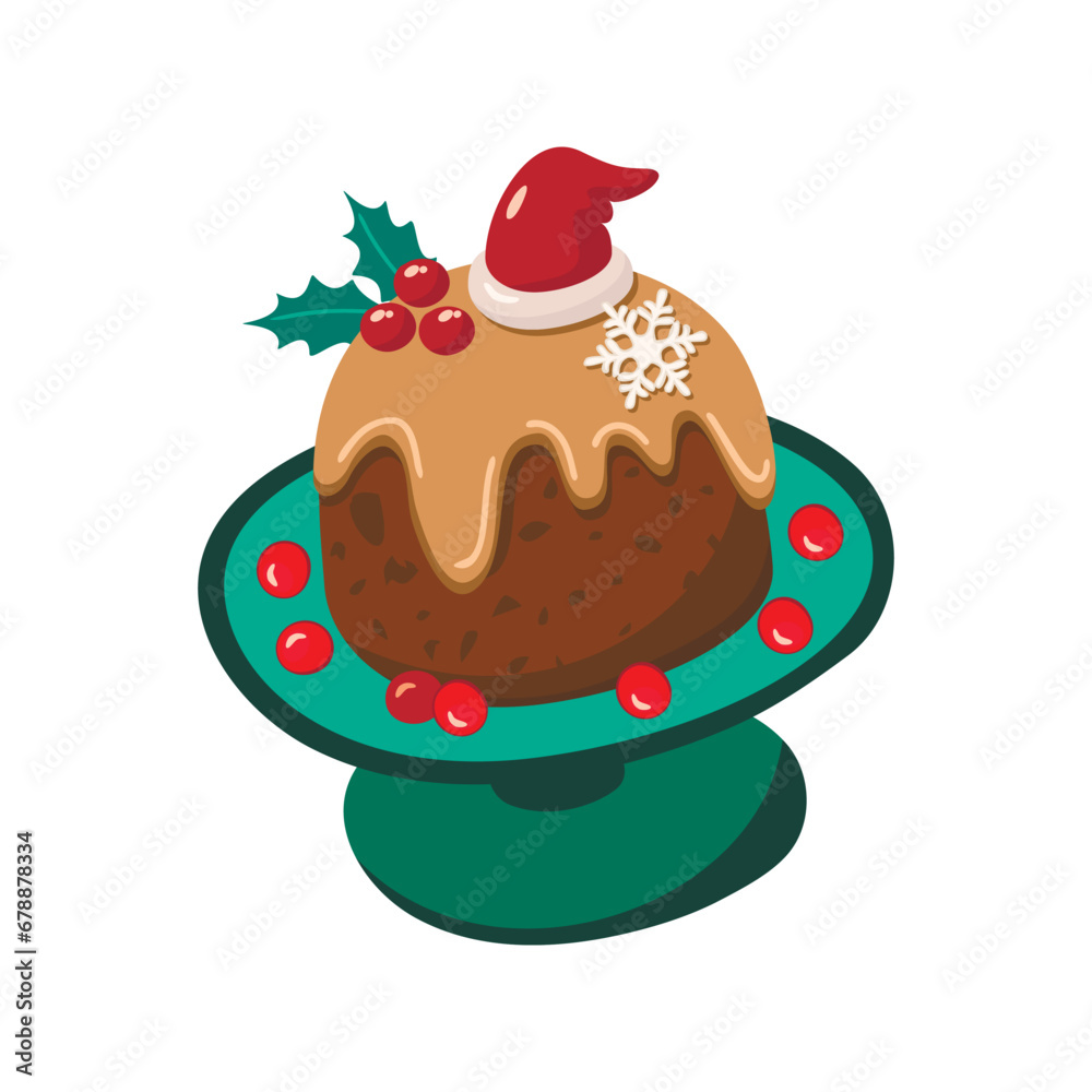 Cartoon Christmas pudding decorated with holly, Santa hat and snowflake.Festive dish for sweet dessert.Winter holiday cooked meal for Xmas party.Vector food illustration isolated on white background. Cartoon Christmas pudding decorated with holly, Santa hat and snowflake.Festive dish for sweet dessert.Winter holiday cooked meal for Xmas party.Vector food illustration isolated on white background.