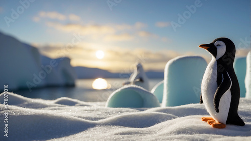 Happy felted penguin in sunny snowy felted heaven sea ice - AI Generative