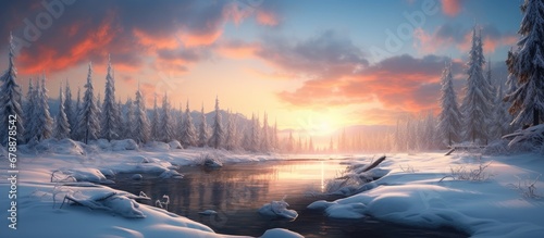 In the isolated winter landscape a sky of white clouds hangs over the frozen forest where snow laden trees stand tall against the icy backdrop of water and wooden terrain as the setting sun 