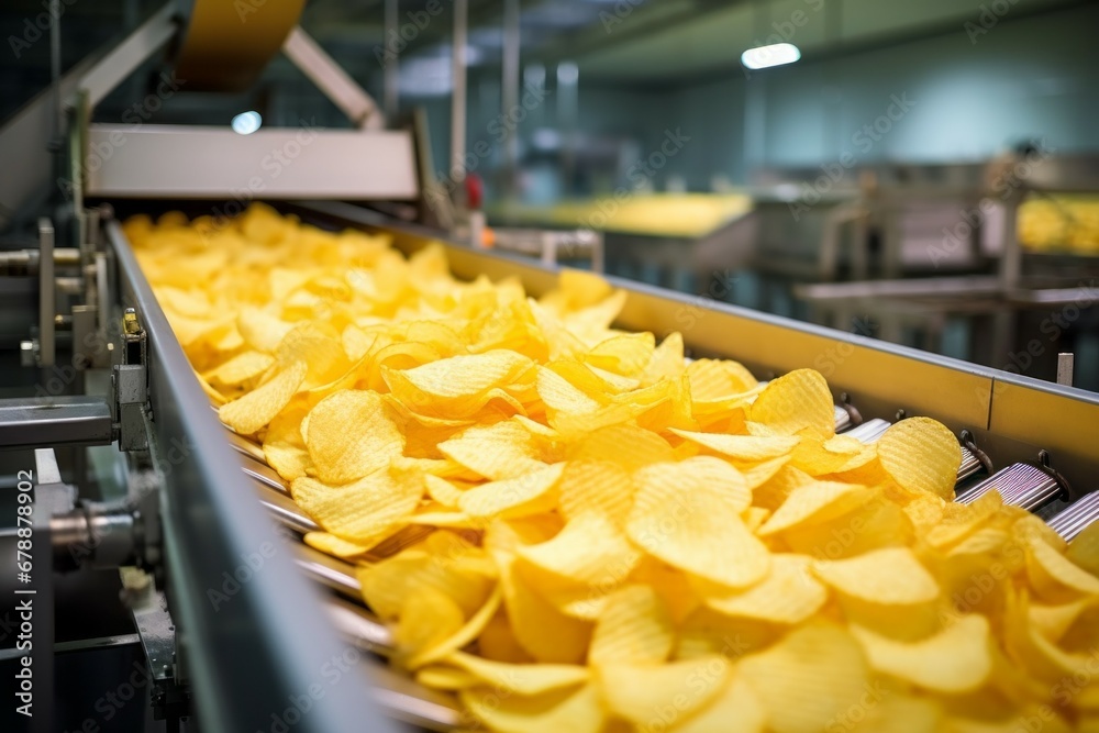 Chips factory. Production conveyor line. Background with selective focus and copy space Chips factory. Production conveyor line. Background with selective focus and copy space