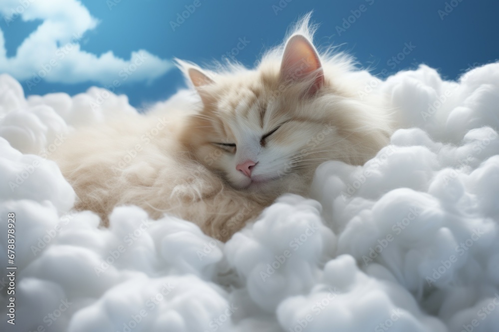 Cute kitten sleeping on a cloud. Portrait with selective focus and copy space