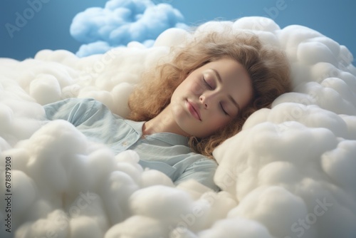 Cute young beautiful woman sleeping on a cloud. Portrait with selective focus and copy space for text