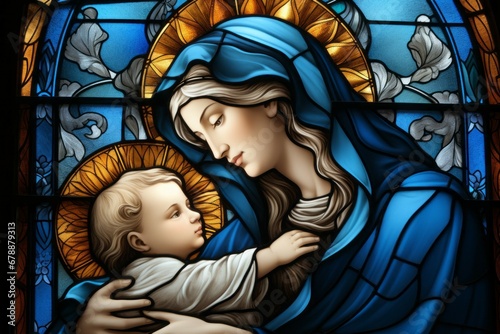 Virgin Mary with baby Jesus Christ. Religious concept with selective focus and copy space