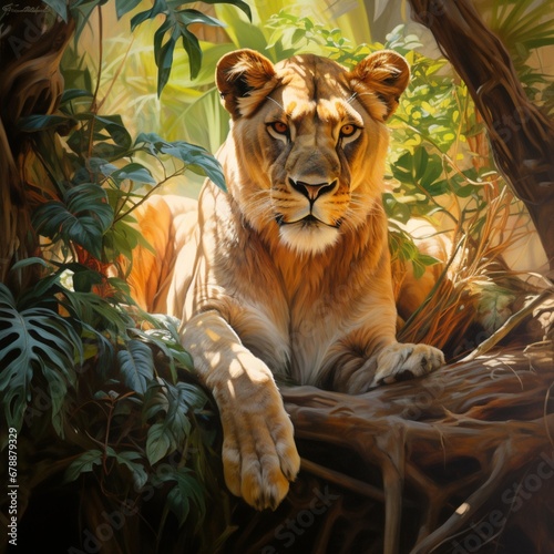 Lioness resting under a shady tree holography Ai generated art