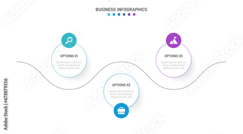 Timeline infographic with infochart. Modern presentation template with 3 spets for business process. Website template on white background for concept modern design. Horizontal layout.