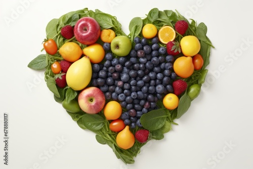 Assorted fruits and vegetables forming a heart shape isolated on white background, top view