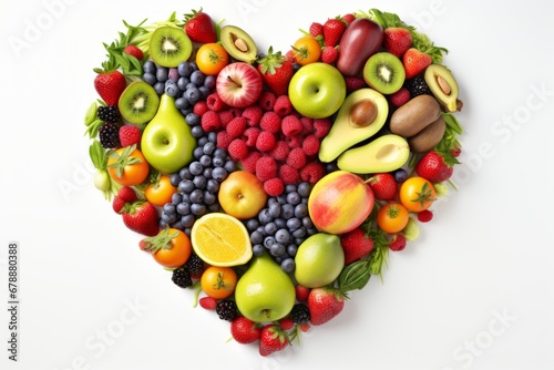 Heart shaped fruit and vegetable arrangement on white background, top view vibrant and fresh.