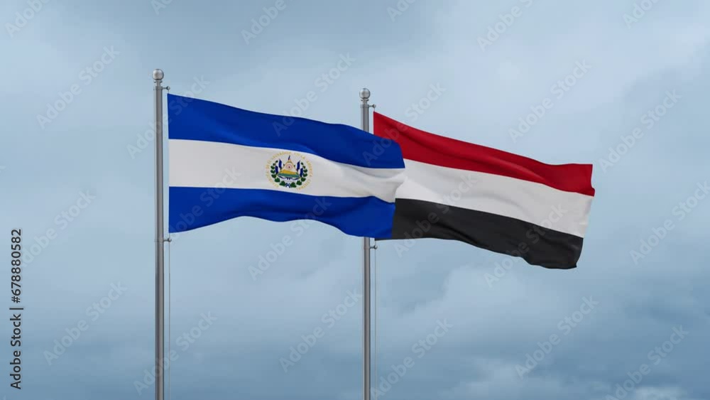 Yemen and El Salvador flag waving together on cloudy sky, endless seamless loop, two country cooperation concept Yemen and El Salvador flag waving together on cloudy sky, endless seamless loop, two country cooperation concept