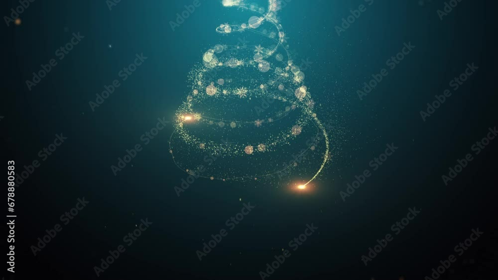 Glowing gold Christmas tree animation with particles lights stars and snowflakes on green. Holidays concept background 4k
