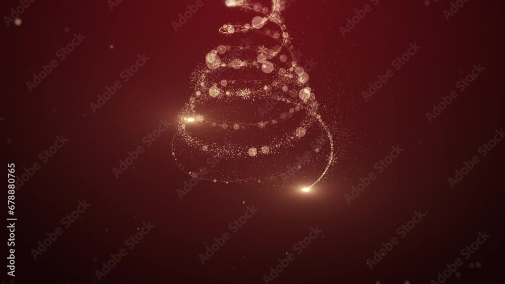 Glowing gold Christmas tree animation with particles lights stars and snowflakes on red. Holidays concept background 4k