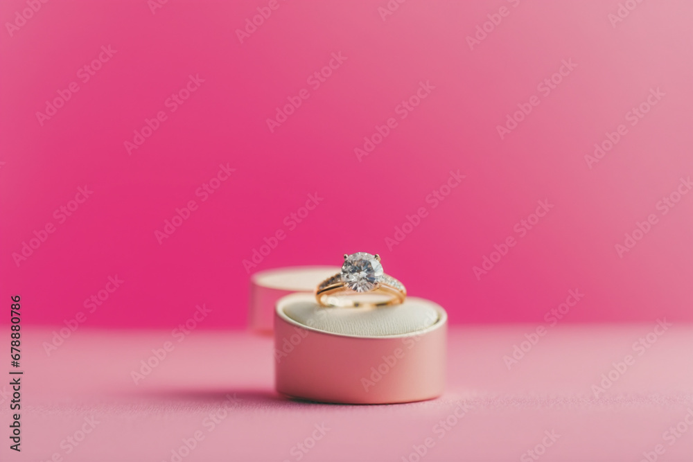 A pink gift box and engagement gold ring on a pink background A pink gift box and engagement gold ring on a pink background