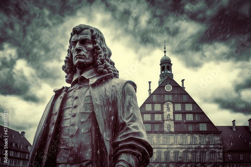 Statue of Gottfried Wilhelm Leibniz, the famous German philosopher and scientist. In the background of Leipzig and storm. photo