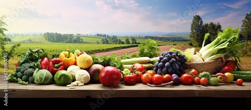 isolated summer farm surrounded by picturesque nature a white table is set background with an abundance of colorful fruits and fresh green vegetables representing the perfect harmony between