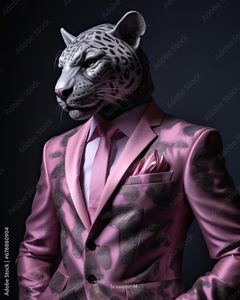 Panther dressed in an elegant modern pink suit with a nice tie. Fashion portrait of an anthropomorphic animal, feline, posing with a charismatic human attitude Panther dressed in an elegant modern pink suit with a nice tie. Fashion portrait of an anthropomorphic animal, feline, posing with a charismatic human attitude