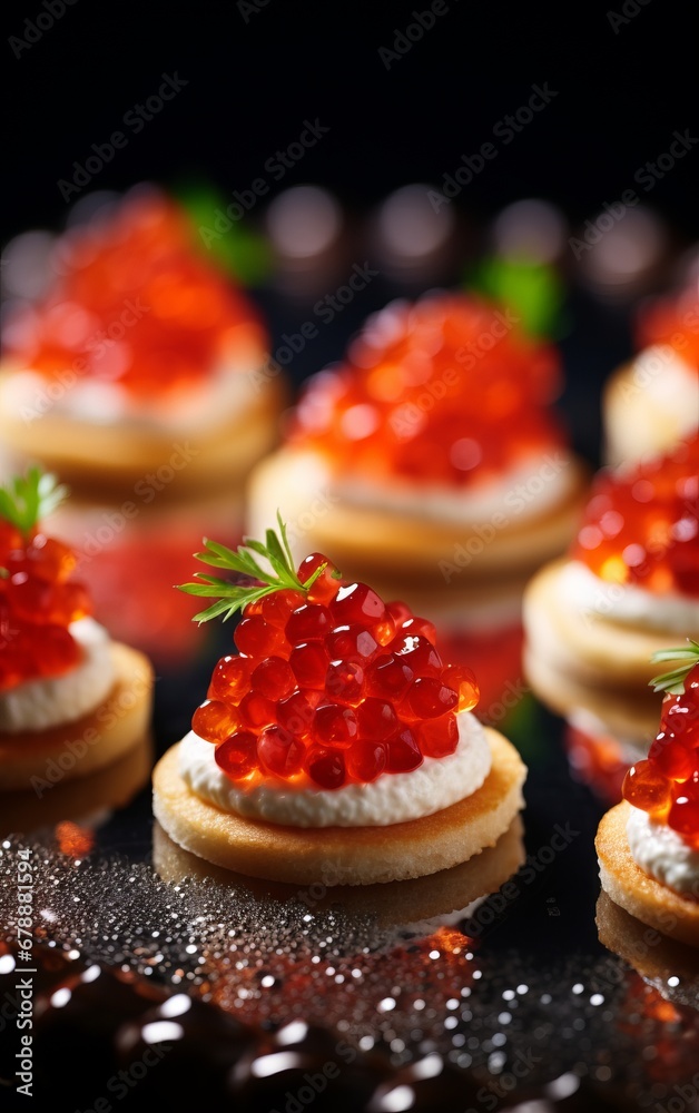 Canape with red caviar and cream cheese on a black background Canape with red caviar and cream cheese on a black background