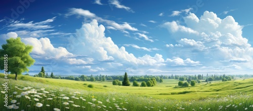In the midst of a vibrant summer landscape a picturesque background embraced the sky where billowing clouds provided a soft texture against the white floral blooms and lush green grass benea
