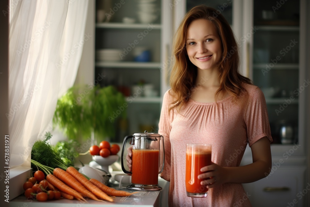 a beautiful thirty-year-old woman is making juice in the kitchen a beautiful thirty-year-old woman is making juice in the kitchen