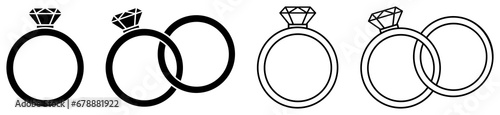 Wedding ring set icon. Silhouette and outline illustration. Jewelry and marriage image. Gemstone rings. photo