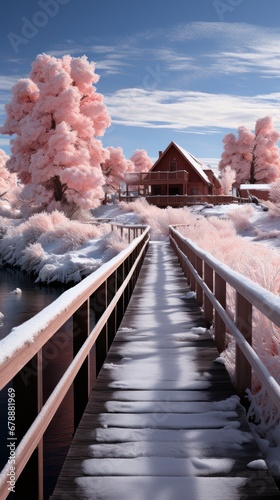 snow covered bridge over a glistening r iver  uhd wallpaper photo