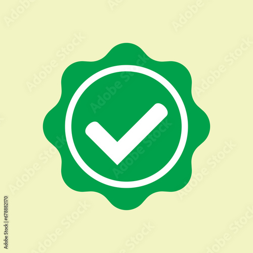 Approved icon. Green approved star sticker. Profile Verification. Accept badge. Green tick symbol, icon, sign in green color. Done. Confirmed account icon. Green check mark.