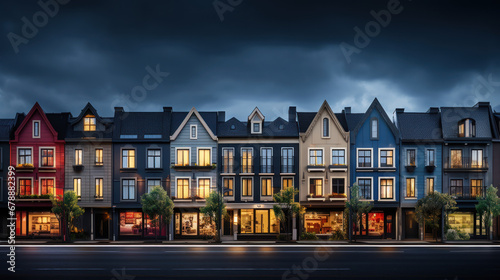 Townhouses line up, their dark facades whispering urban tales